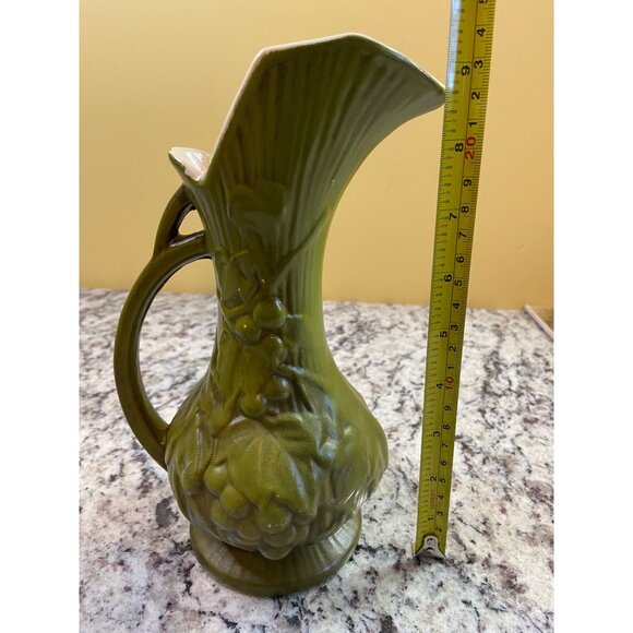 Vintage Green Grapes Relief Pottery Pitcher Vase Mid Century Art Pottery Decor - Picture 9 of 10